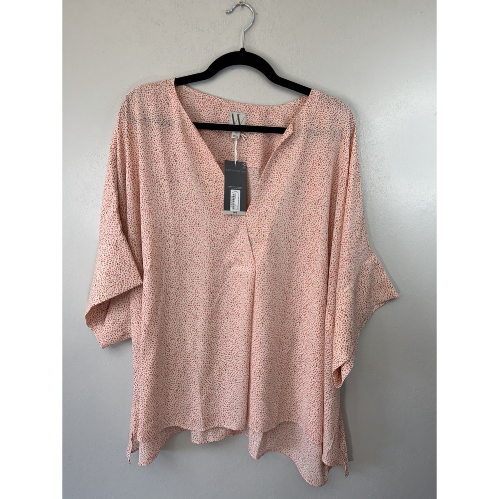 NWT‎ Worthington Coral/pinkish Geometric Short Sleeved V Neck Blouse Size 3X